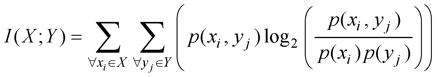 I(X; Y) = for all x sub i, for all y sub j, sum of products of p(x sub i, y sub j) and log base 2 of (p(x sub i, y sub j) over (product of p(x sub i) and p(y sub j)))