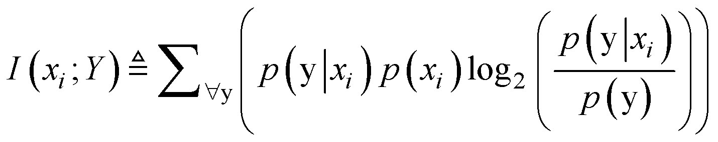 I(x sub i; Y) = for all y sub j in Y, sum of products p(Y given x sub i) times p(x sub i) times log of base 2 of (p(Y given x sub i) over p(Y))