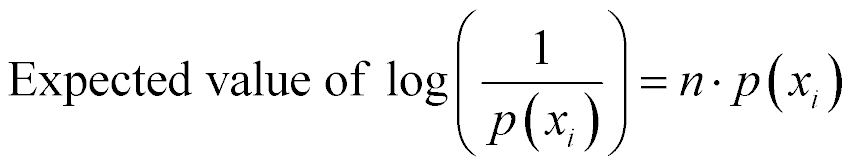 Expected value of log (1 over p(x sub i)) = n times p(x sub i)