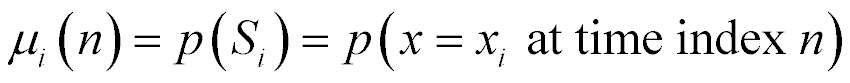 mu sub i at n is equal to p(S sub i) which is equal to p(x = x sub i at time n)