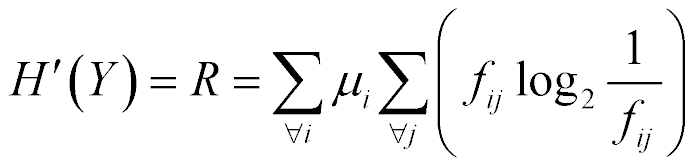 H'(Y) = R = for all i, sum of mu sub i times for all j, sum of (f sub ij times log base 2 (1 over f sub ij))