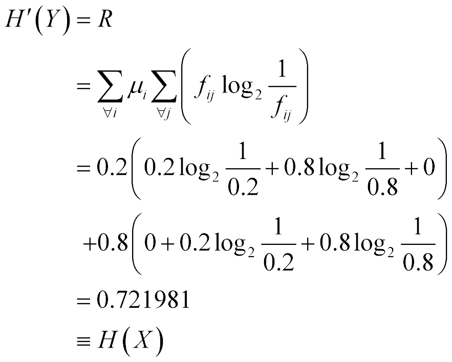 H'(Y) = R = for all i, sum of mu sub i times for all j, sum of (f sub ij times log base 2 (1 over f sub ij)) = 0.721981 is quantitatively identical to H(X)