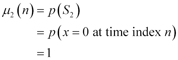 mu sub 2 at n = p(S sub 2) = p(x = 0 at time index n) = 1