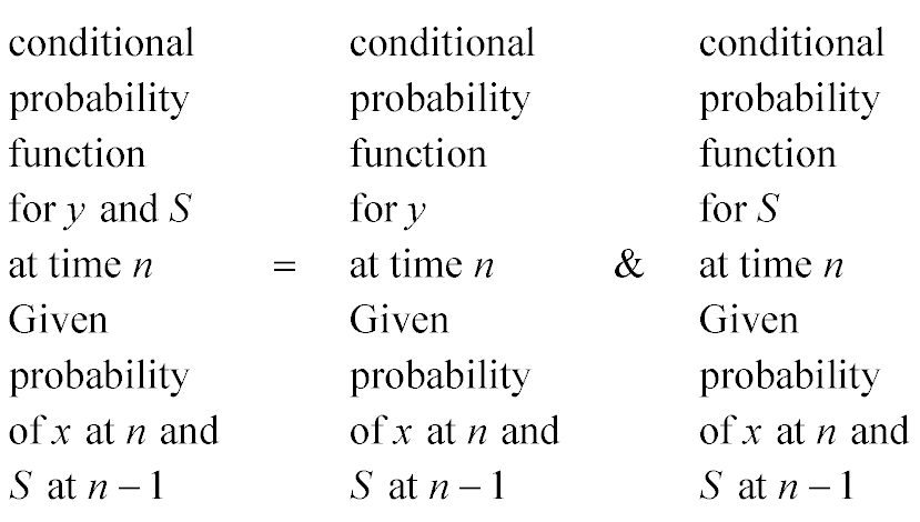 conditional probability function for y and S at time n Given the probability of x at n and S at n-1 IS EQUAL TO conditional probability function for y at time n Given the probability of x at n and S at n-1 AND conditional probability function for S at time n Given the probability of x at n and S at n-1