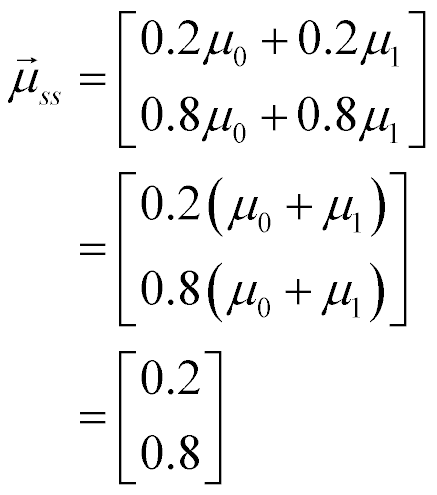 vector of length 2, steady-state of mu at n+1 is equal to [0.2(mu sub 0 + mu sub 1); 0.8(mu sub 0 + mu sub 1)] = [0.2; 0.8]