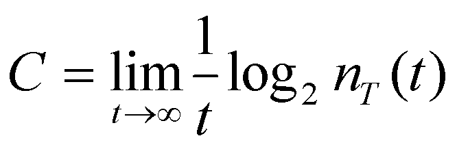 C = limit as t tends to infinity of ((1 over t) times log base 2 of N sub T at t)