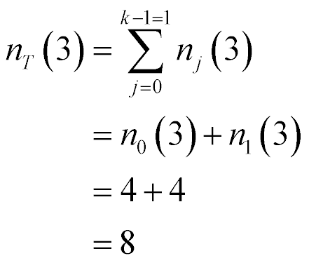 n sub T at time 3 is equal to for j = 0 to 2-1, sum of all n sub j at time 3 = n sub 0 at 3 plus n sub 1 at 3 = 4+4 = 8